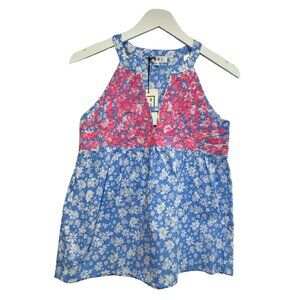 THML top XS Blue and white smock top with beautiful hot pink embroidery